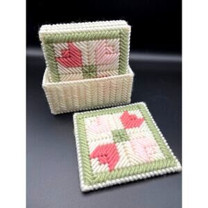 Vintage Plastic Canvas 4 Coaster Set with Holder Handmade Floral Design 1990s